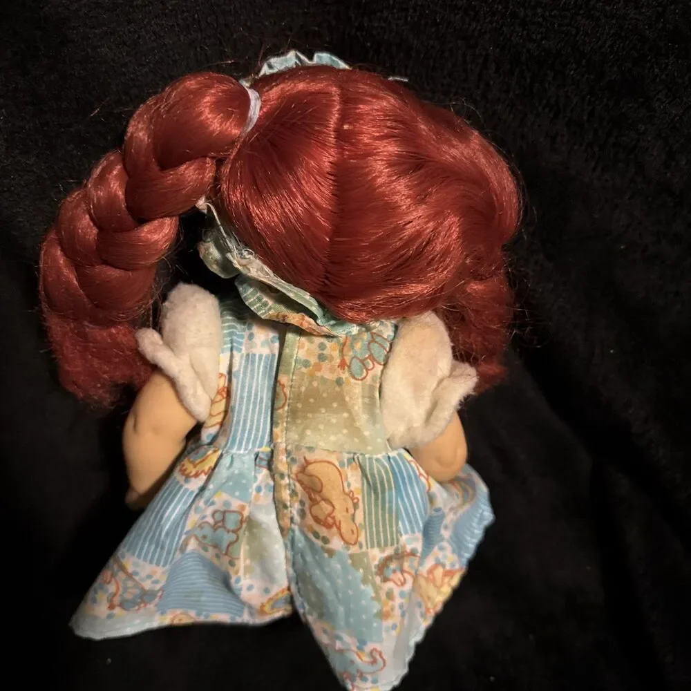 Vintage Redheaded Doll With Pigtails & Earings Blue Elephant Dress